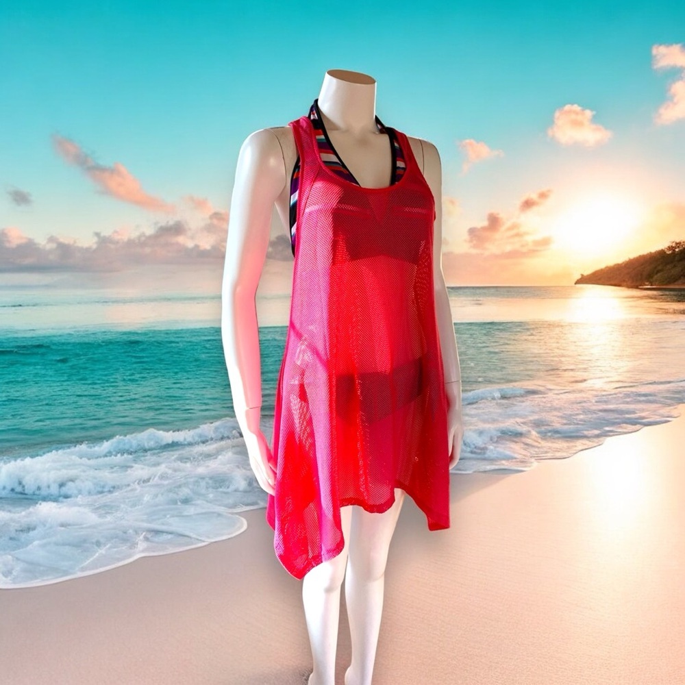 Neon Pink Mesh Racerback Swim Cover Up Small Sheer Beach Top